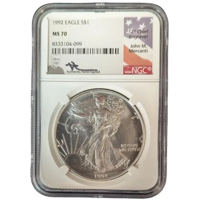 1992 American Silver Eagle NGC MS70 with John Mercanti hand-signed label