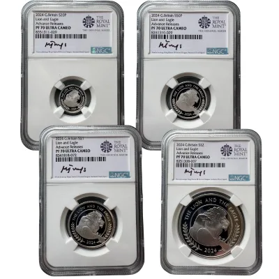 2024 Great Britain Lion and Eagle 4 Coin Set NGC Certified with Martin Jennings signature label