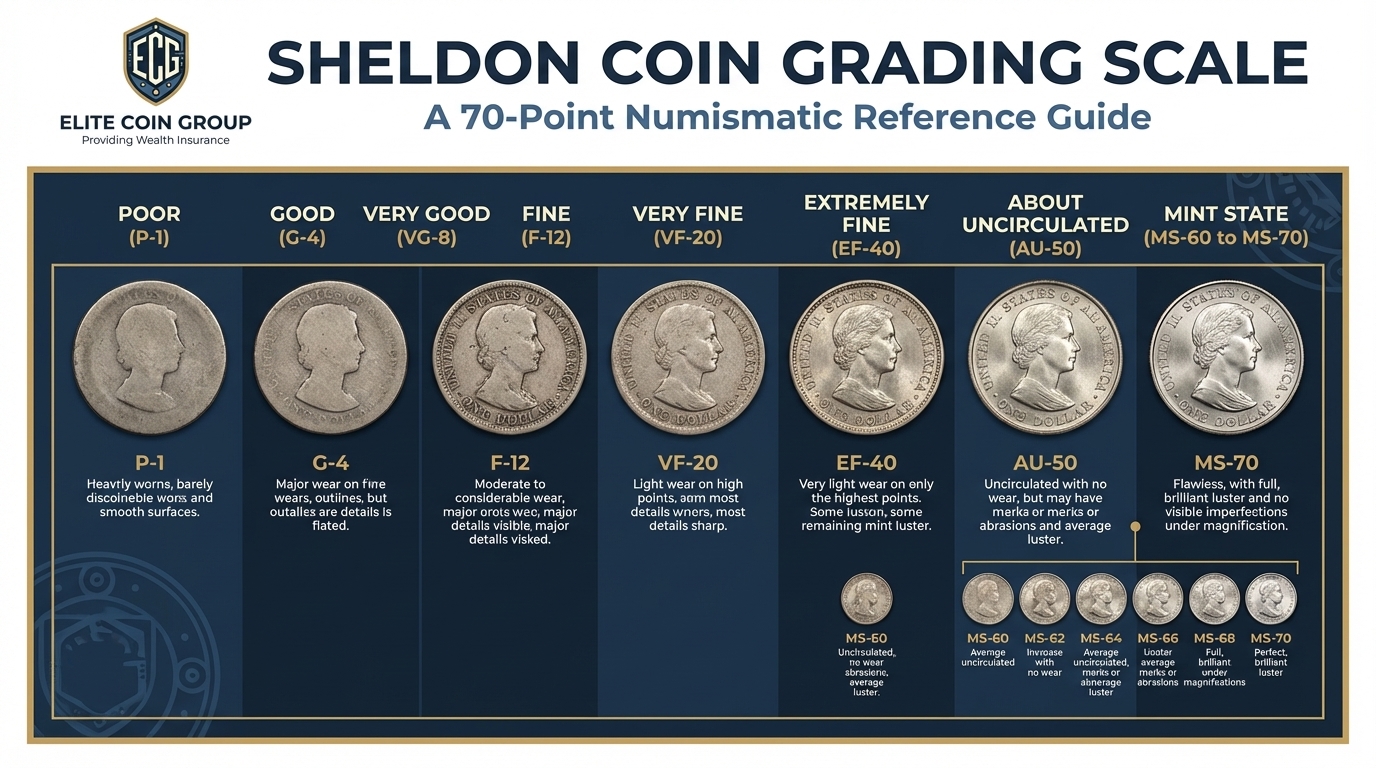 Sheldon Coin Grading Scale - Complete 70-point reference guide from Poor P-1 to Mint State MS-70