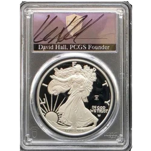 2026-W Liberty Bell Privy Silver Eagle PCGS PR-70 signed by David Hall - obverse