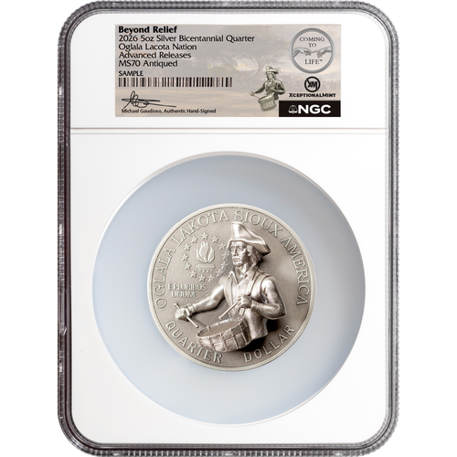 2026 Coming To Life Bicentennial Quarter NGC MS70 Antiqued holder showing Colonial Drummer reverse