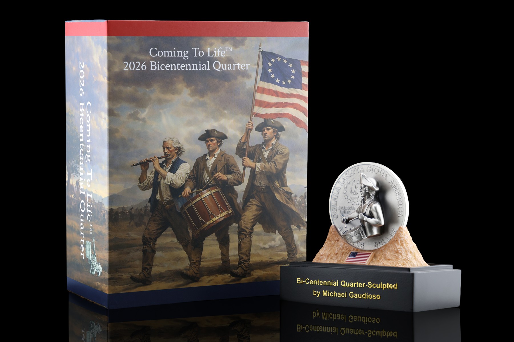 Coming To Life Bicentennial Quarter packaging with Colonial Drummer coin on display stand