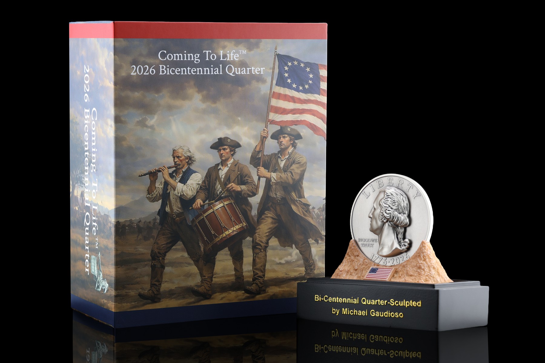 Coming To Life Bicentennial Quarter packaging with Washington obverse coin on display stand