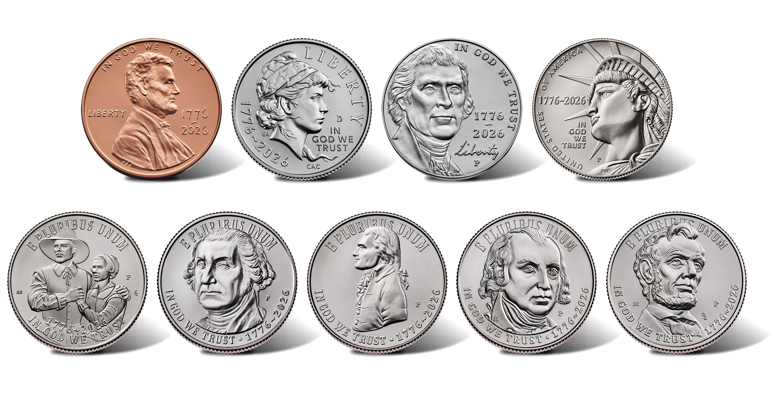 2026 US Mint Semiquincentennial coin designs showing the new dime, quarter, half dollar, nickel, and cent