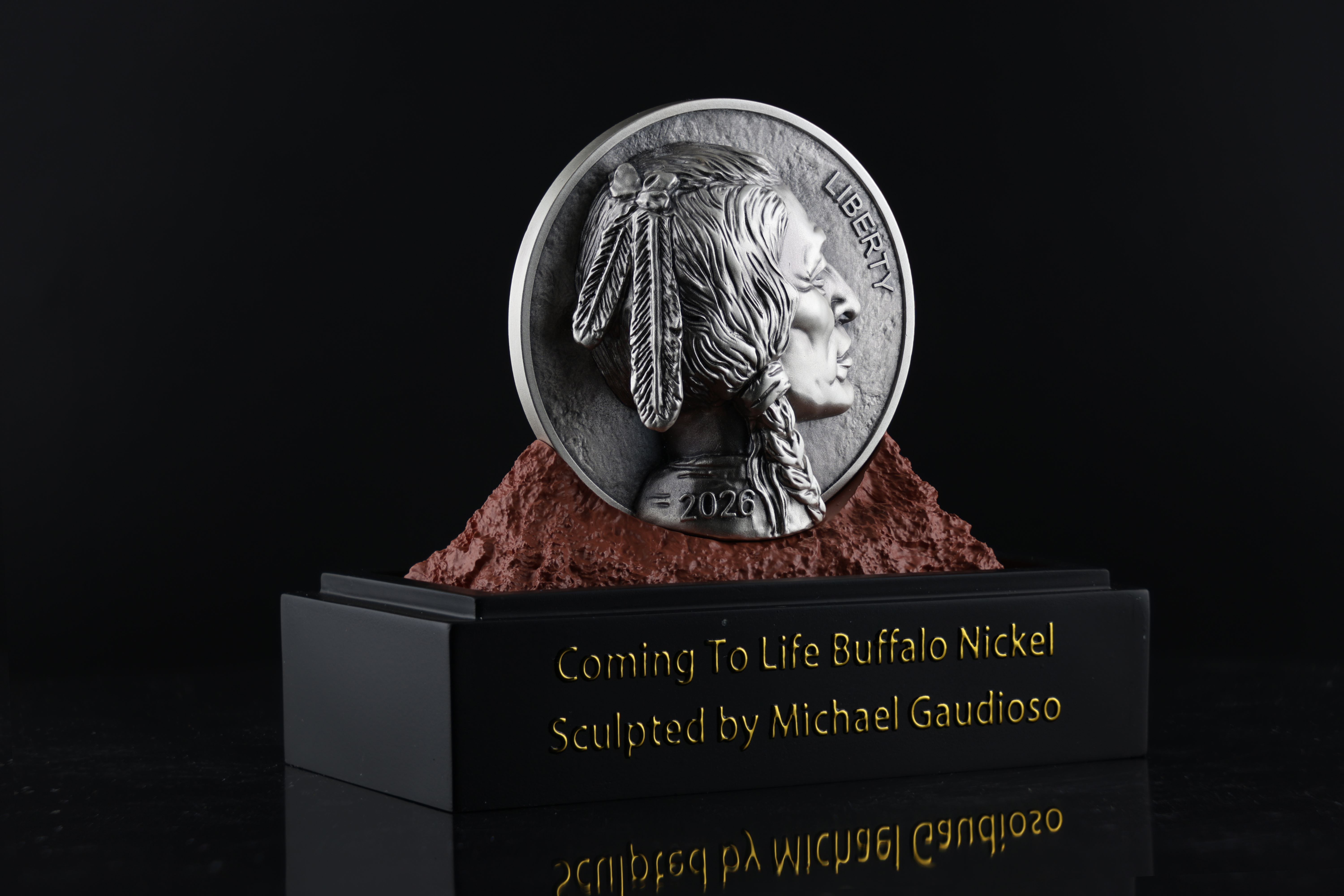 Coming To Life Buffalo Nickel obverse on display stand showing sculpted Native American portrait