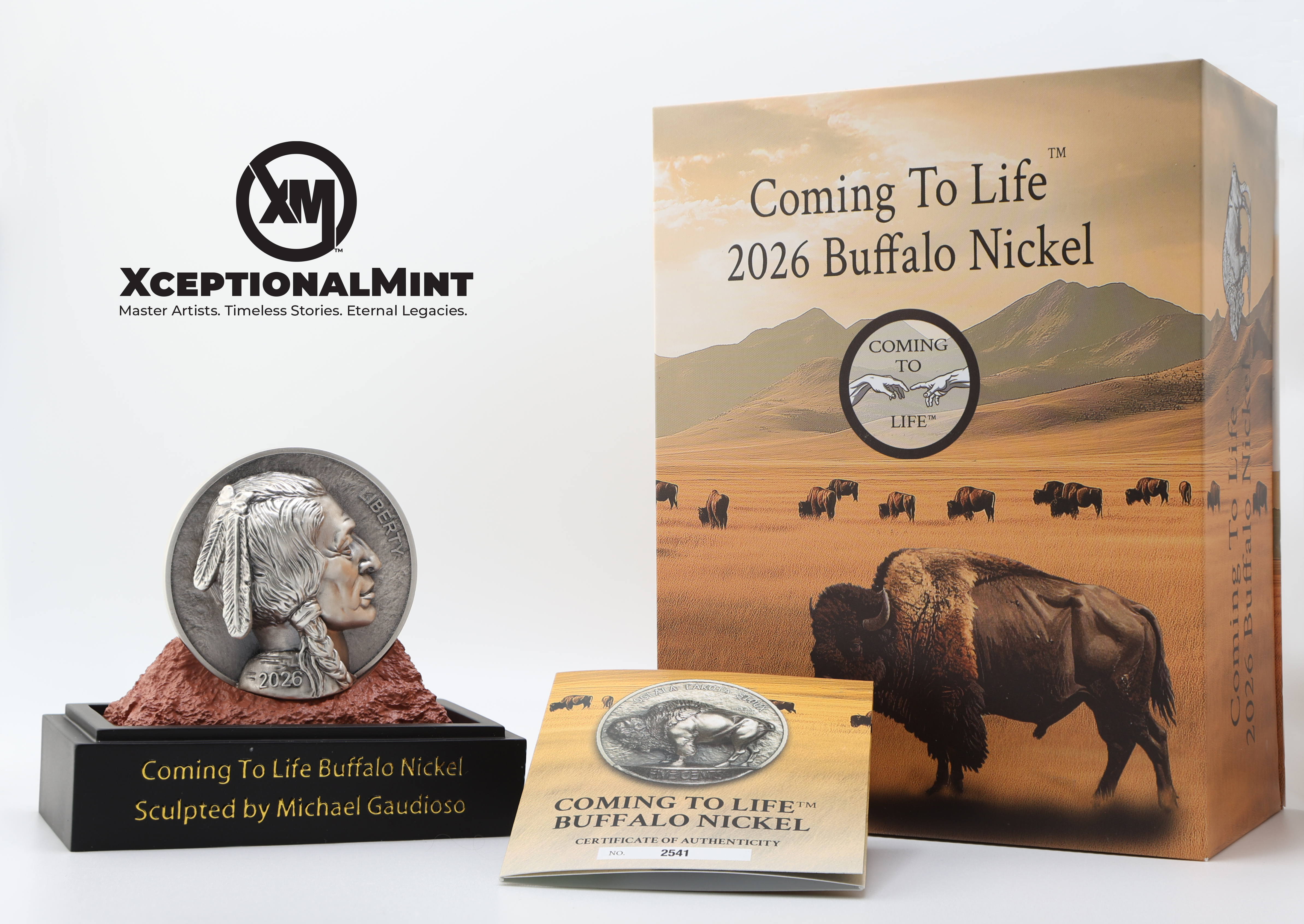 Coming To Life Buffalo Nickel complete packaging with display stand, certificate of authenticity, and presentation box
