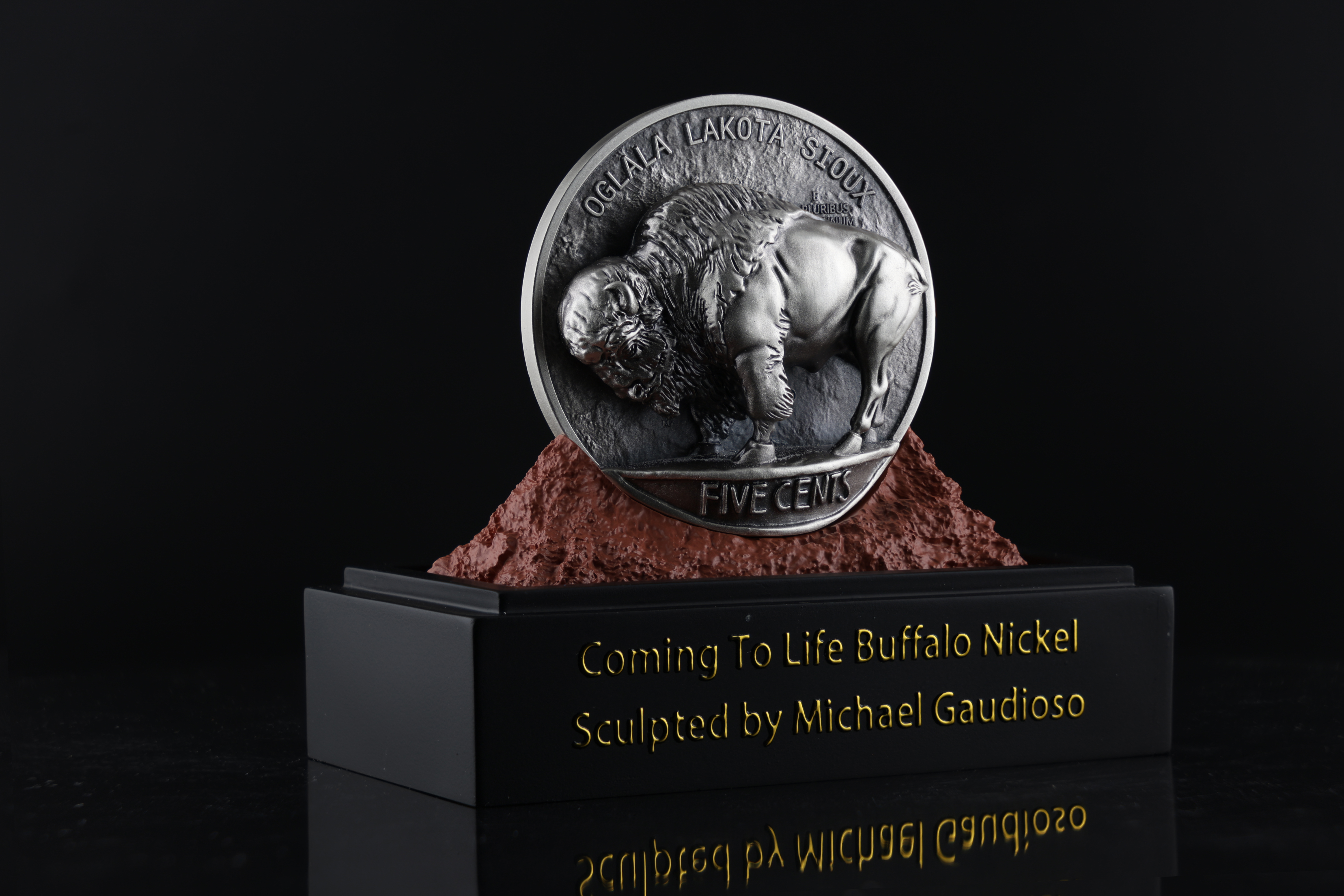 Coming To Life Buffalo Nickel reverse on display stand showing sculpted American bison
