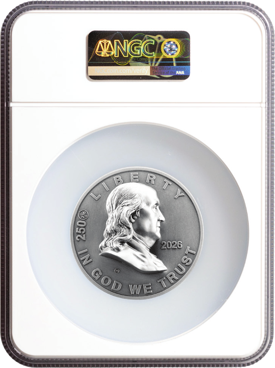 2026 Franklin Half Dollar in NGC MS70 Antiqued holder, obverse