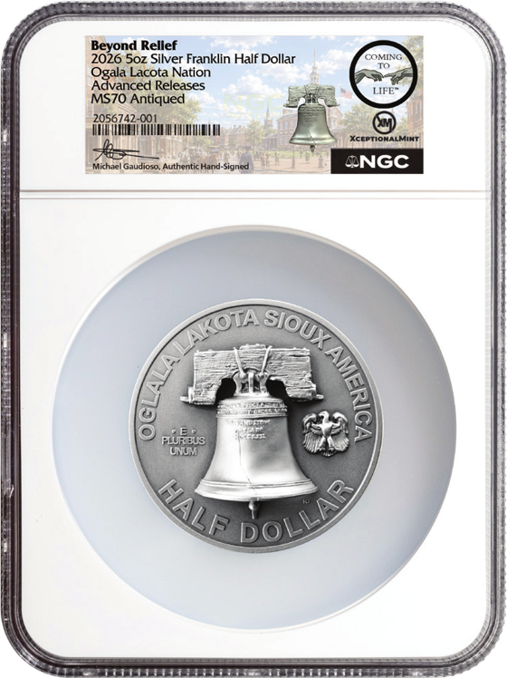 2026 Franklin Half Dollar in NGC MS70 holder with hand-signed Gaudioso label, reverse