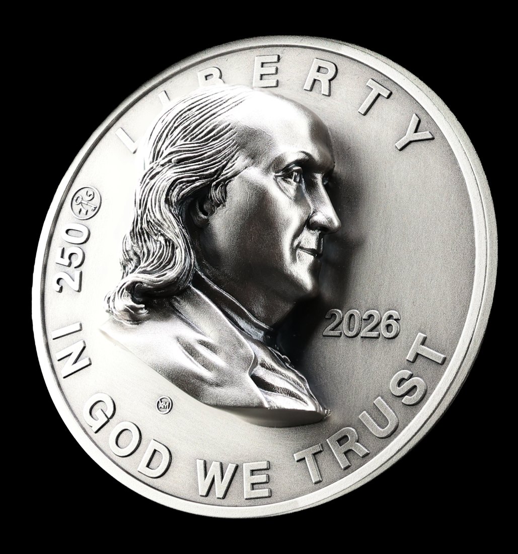 Franklin Half Dollar obverse with sculpted Benjamin Franklin portrait and 250 privy