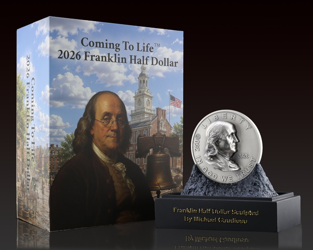 Coin on sculpted display stand with Independence Hall presentation box